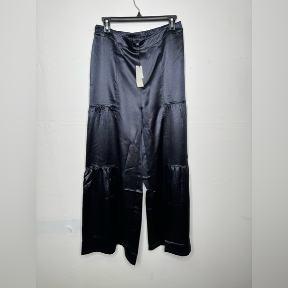NWT Anthropologie Navy Blue Satin Elegant Wide-Leg Pants Size Large - Picture 2 of 5
